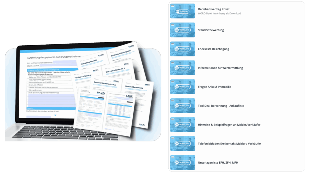 Laptop mit geöffneten PDF-Dokumenten und Checklisten für Immobilieninvestments